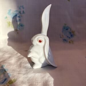 Herend Hand-Painted Porcelain Bunny 1 Ear Up, Natural White with Red Eyes, 4"